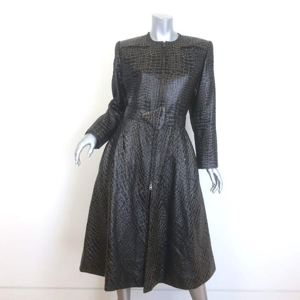 Vintage Galanos Croc-Embossed Belted Coat Dark Brown Jacquard Size Medium
